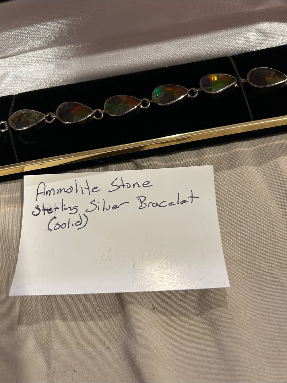 Sterling Silver Teardrop Ammolite Link Bracelet - Iridescent Green & Red - Picture 2 of 2